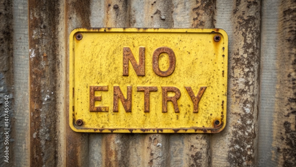 A rusty yellow no entry sign is prominently displayed against a corrugated metal wall showing signs of age and neglect. Sunlight illuminates the area, adding depth to the scene