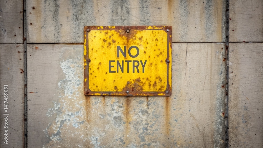 A weathered yellow sign displays the words No Entry, mounted on a concrete wall. The sign shows signs of rust and wear, hinting at its long exposure to the elements