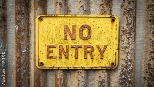Obraz na płótnie A rusty yellow no entry sign is prominently displayed against a corrugated metal wall showing signs of age and neglect. Sunlight illuminates the area, adding depth to the scene w salonie