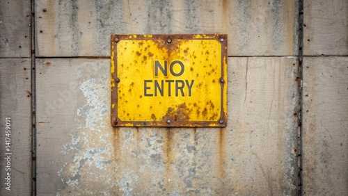 Obraz na płótnie A weathered yellow sign displays the words No Entry, mounted on a concrete wall. The sign shows signs of rust and wear, hinting at its long exposure to the elements w salonie