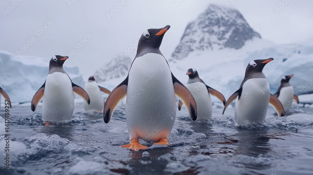 Fototapeta premium Penguins wading Antarctic waters, mountain backdrop, wildlife documentary