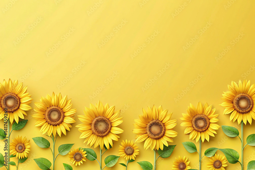 Fototapeta premium Pastel yellow with cartoon sunflowers swaying at the bottom edge