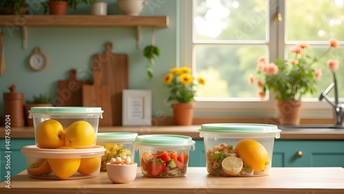 Wallpaper Mural Fresh Food Storage with Fruits and Salads in Kitchen. Healthy Eating, Organized Kitchen Torontodigital.ca
