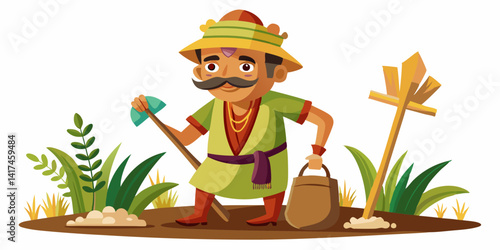Smiling Indian farmer wearing traditional attire, harvesting crops in rural farm field