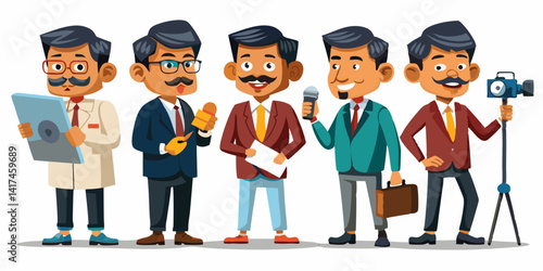 Indian Journalist Characters: Middle-aged, average build, in reporting poses like interviewing, taking notes, and presenting news
