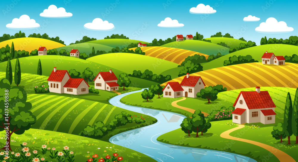 Obraz premium Colorful Countryside Landscape. Scenic Village with Hills, Trees, and Traditional Houses.