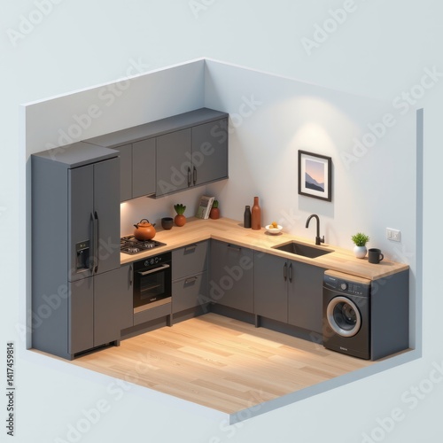 Modern Gray Kitchen Interior Design Small Space L Shaped Layout Wood Countertop