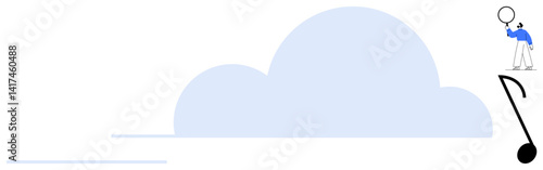 Person stands on a giant musical note while holding a magnifying glass, with a blue cloud design in the background. Ideal for creativity, music, discovery, inspiration, exploration, education, simple