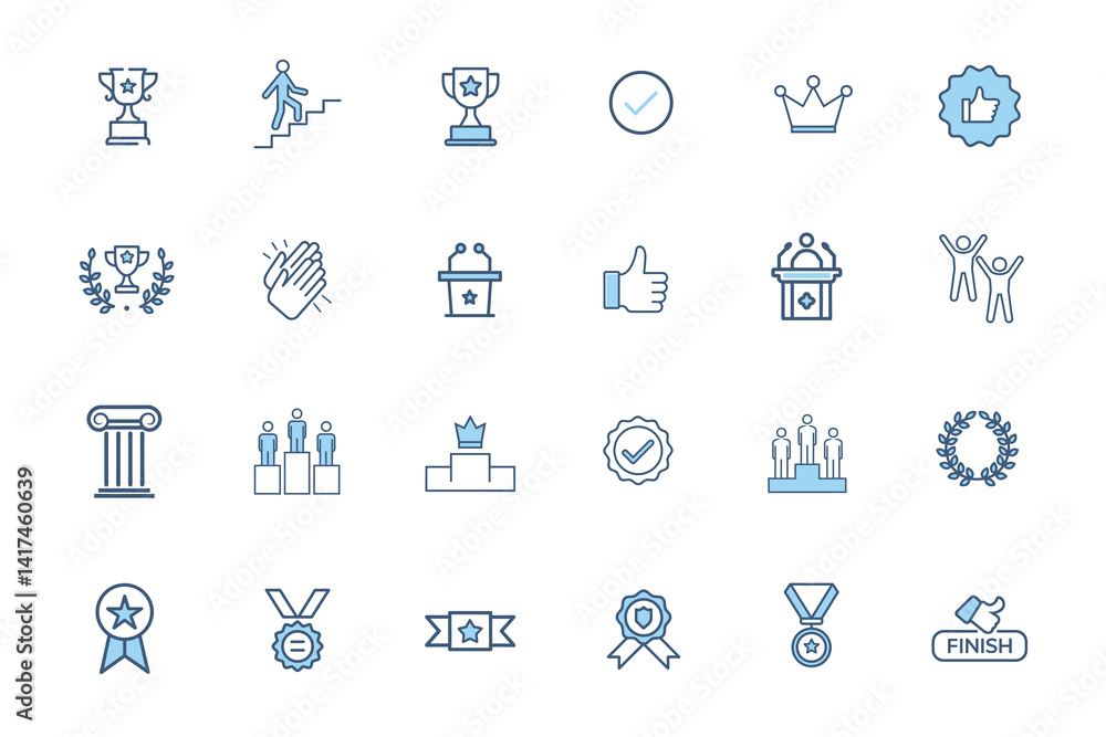 Awards and Success Blue Line Icons. Pixel Perfect. Contains such icons as Thumbs Up, Medal Badge with ribbons, Crown, Check Mark, Podium Tribune, Laurel Wreath, Architectural Column, Trophy Award Awards and Success Blue Line Icons. Pixel Perfect. Contains such icons as Thumbs Up, Medal Badge with ribbons, Crown, Check Mark, Podium Tribune, Laurel Wreath, Architectural Column, Trophy Award