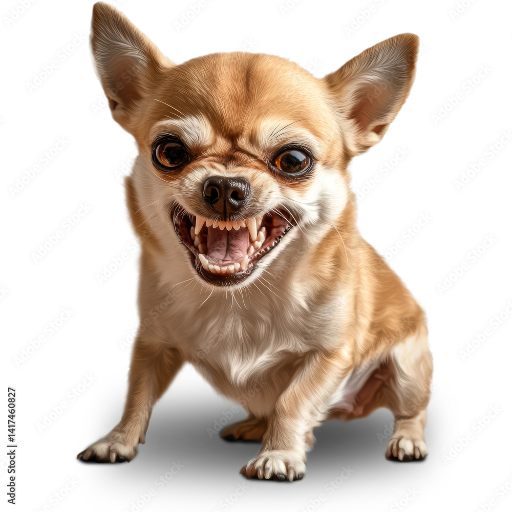 Obraz premium small, aggressive looking dog with tan coat and large ears displays its teeth in fierce expression. dog appears ready to defend its territory, showcasing its alertness and energy