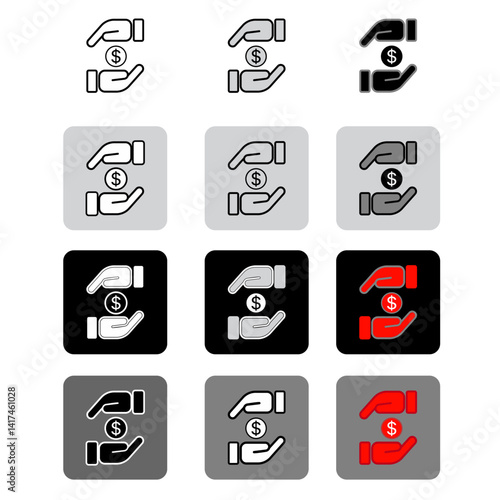 Holding dollar currency with two hands, black, white and color buttons
