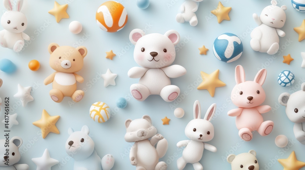 A collection of stuffed animals and balls, creating a playful and colorful scene. A collection of stuffed animals and balls, creating a playful and colorful scene.