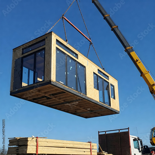 Long modular home section with large windows lifted by a crane
