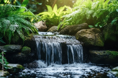 A small tropical waterfall flowing over mossy rocks,
