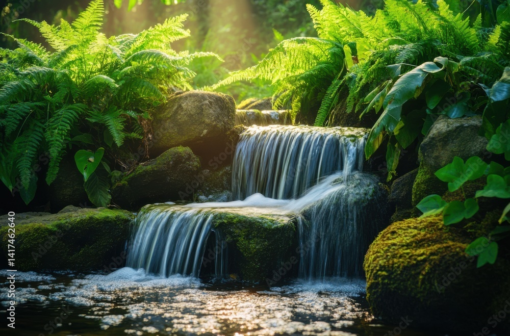 Naklejka premium A small tropical waterfall flowing over mossy rocks,