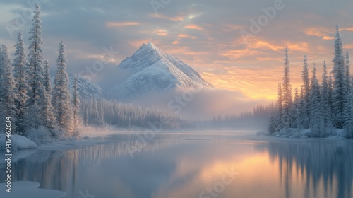 Fototapeta Naklejka Na Ścianę i Meble -  Serene winter sunrise over snow-capped mountain reflected in a calm lake