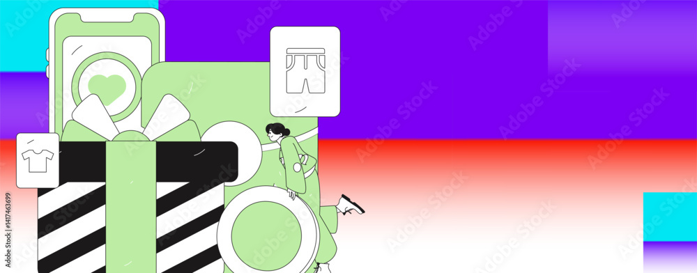 Fototapeta premium Holiday shopping people doing e-commerce online shopping flat vector concept operation hand drawn illustration 