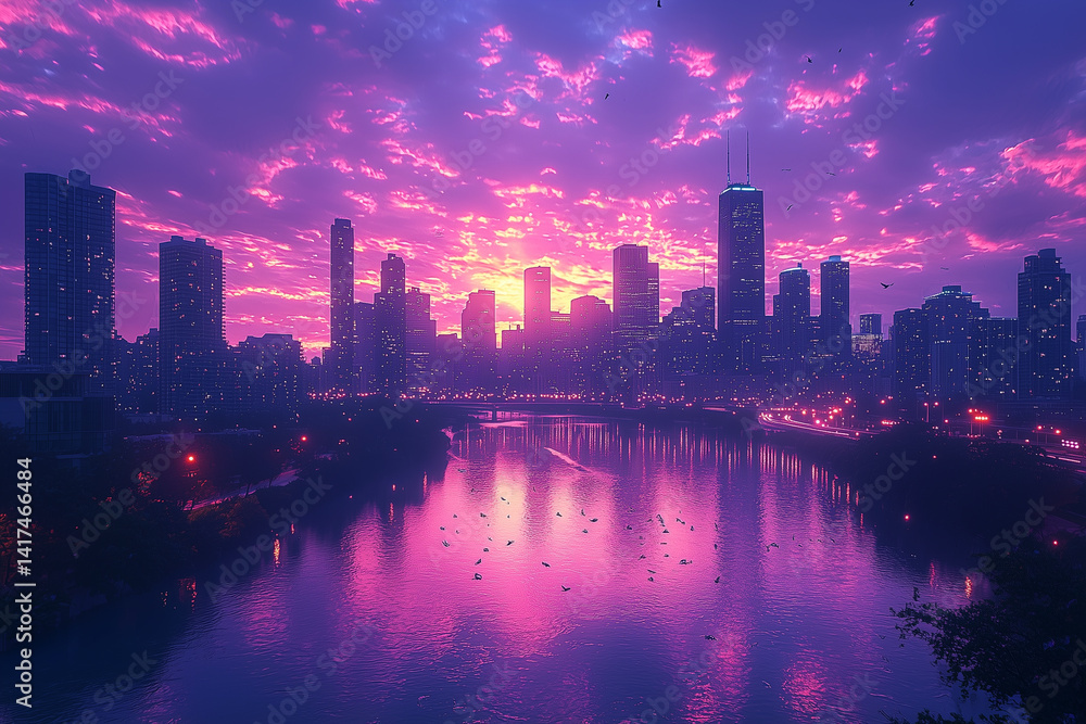 Fototapeta premium Sunrise Over a City with violet sky