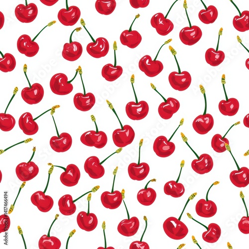 A lush bunch of juicy cherries piled together with vibrant red color and fresh green leaves
