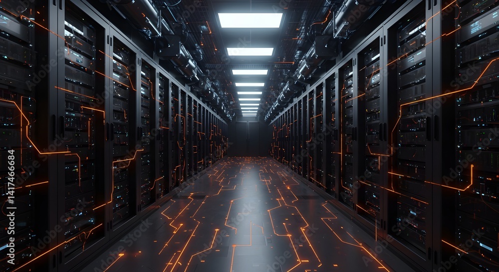Obraz premium Toma de pasillo en centro de datos en funcionamiento lleno de servidores en rack y supercomputadoras con conexión a Internet. Proyección de visualización.