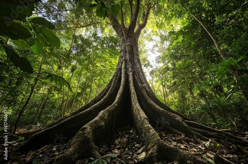 A towering kapok tree in a tropical jungle, its massive