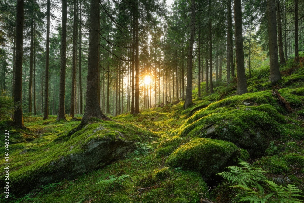 Obraz premium Sunlight filtering through a mossy forest