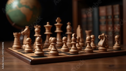 Wallpaper Mural Classic chess game on a wooden board with chess pieces, complemented by a vintage globe, creating a strategic and intellectual atmosphere Torontodigital.ca