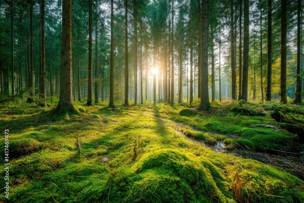 Fototapeta premium Sunlight streams through misty forest