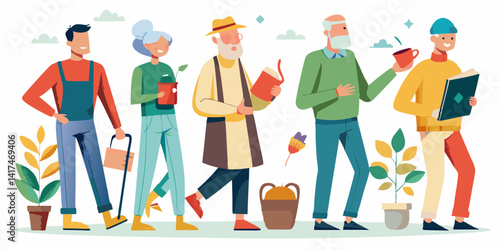 Senior man engaged in daily activities like reading, gardening, and walking, minimalist line art.