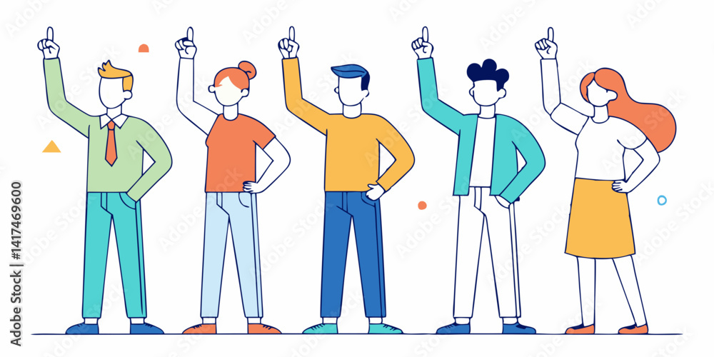 Set of people pointing upward with an index finger, minimalist line art. Group of individuals gesturing with raised fingers, modern linear design.
Set of people pointing upward with an index finger, minimalist line art. Group of individuals gesturing with raised fingers, modern linear design.
