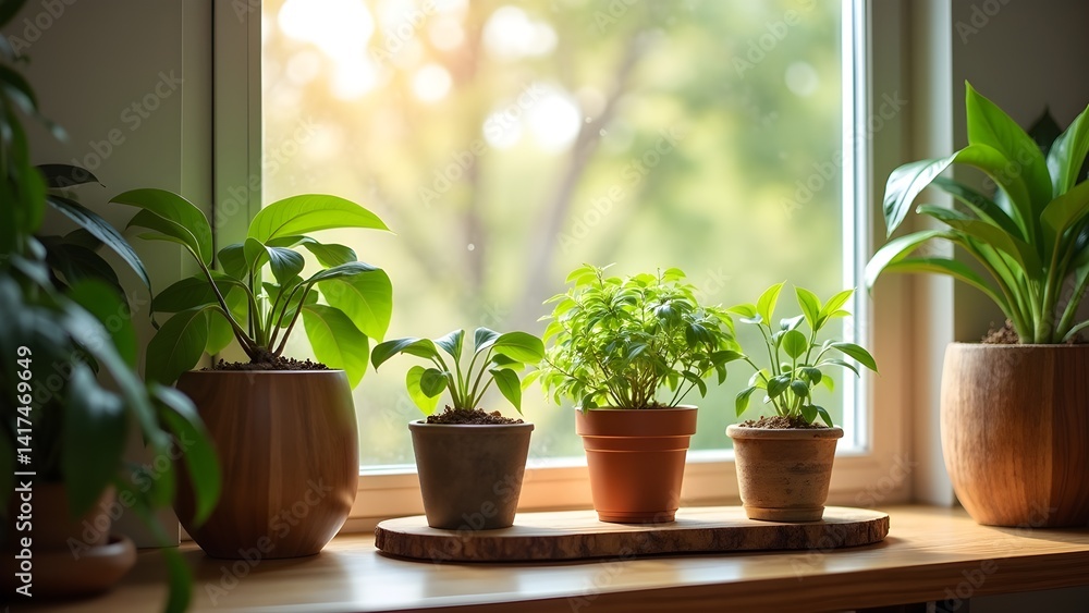 Assorted potted houseplants on a sunny windowsill for natural indoor decoration and home gardening (97 characters) Assorted potted houseplants on a sunny windowsill for natural indoor decoration and home gardening (97 characters)
