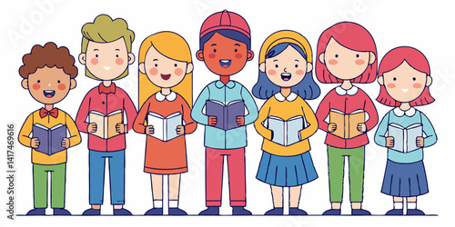 Diverse group of kids singing in a choir, holding songbooks, performing together in harmony during music class
