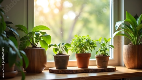 Assorted potted houseplants on a sunny windowsill for natural indoor decoration and home gardening (97 characters)