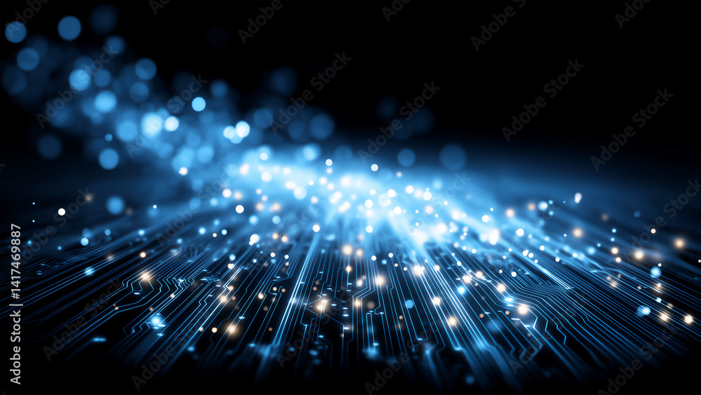 Fototapeta premium An abstract technology background illustrating data nodes as sparkling blue lights scattered across intricate network lines, with soft focus and bokeh effects creating depth.