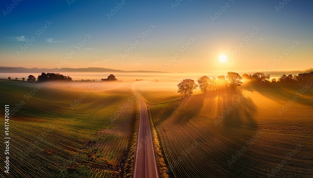 Fototapeta premium Sunrise during Morning Mist Farm Road Landscape HDR XXXL