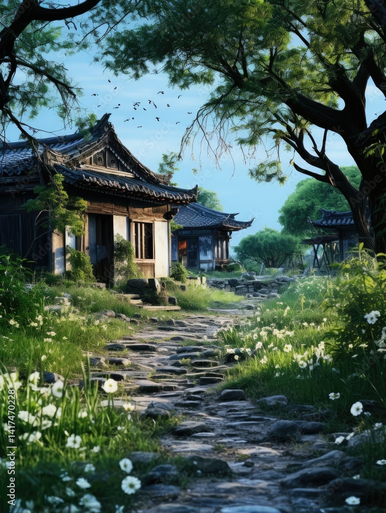 Stone path leading to traditional asian buildings with trees and flowers in a serene landscape