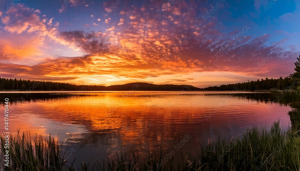 Fototapeta premium Spectacular Sunset over Serene Lake Vibrant Colors and Peaceful Reflection