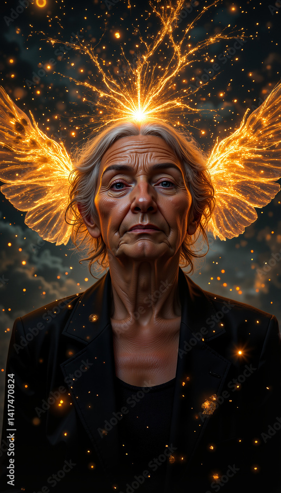 Obraz premium Digital illustration of an older woman with wrinkled face and translucent wings of glowing dust particles