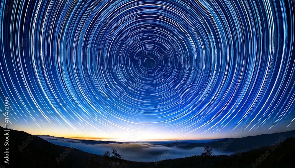 Fototapeta premium Mesmerizing Star Trails Night Sky Photography Above Misty Landscape