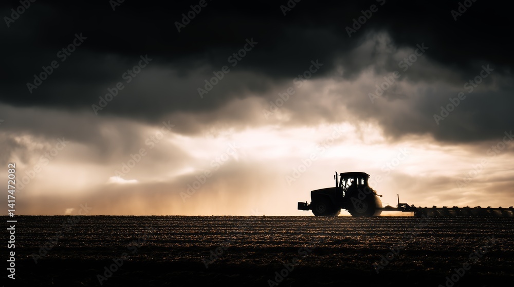 Fototapeta premium Tractor silhouette plowing new corn rows under a stormy sky showing crop rotation impact from tariff market shifts