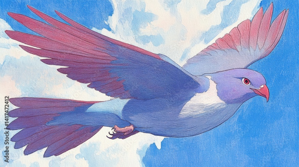 Fototapeta premium A bird with redtipped wings soars through a dreamy watercolor sky