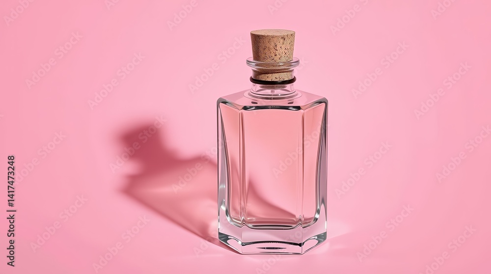 Minimalist Glass Bottle with Cork on Soft Pink Background Minimalist Glass Bottle with Cork on Soft Pink Background