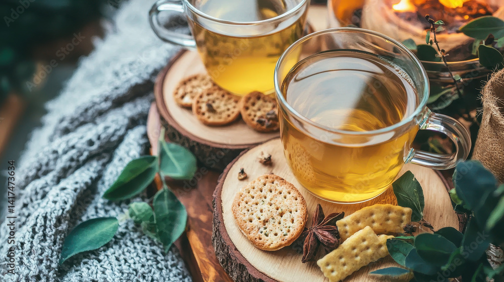 Two glass cups of herbal tea with crackers on wooden coasters create cozy scene Two glass cups of herbal tea with crackers on wooden coasters create cozy scene
