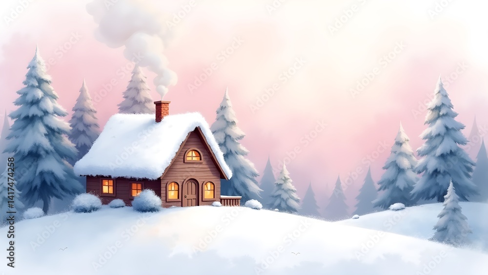 Fototapeta premium Cozy Winter Cabin in a Snowy Landscape with Pine Trees, Smoke rising from the chimney at Twilight.