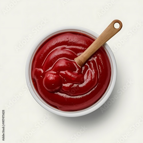 Rich tomato ketchup in a bowl ready to serve with a wooden spoon classic condiment bright red color
