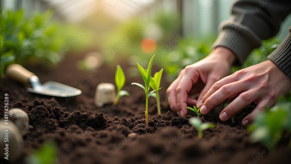 Hand Planting Young Seedlings in Fertile Soil for Sustainable Growth, Indoor Gardening Hand Planting Young Seedlings in Fertile Soil for Sustainable Growth, Indoor Gardening
