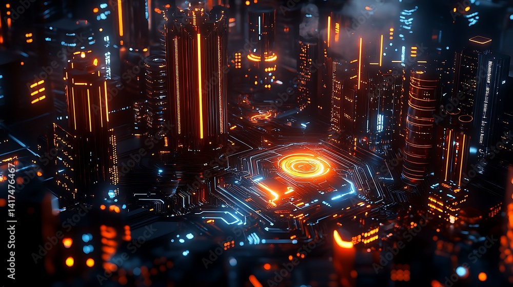 a futuristic city with glowing lights and a glowing circle a futuristic city with glowing lights and a glowing circle