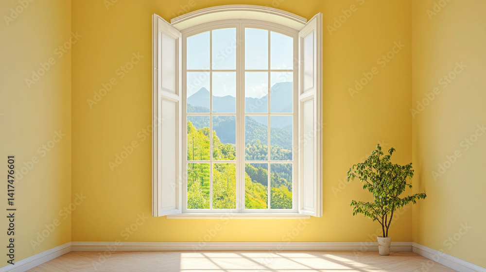 Fototapeta premium An empty living roowm with a light yellow wall color and a white wooden window and greenery view close-up