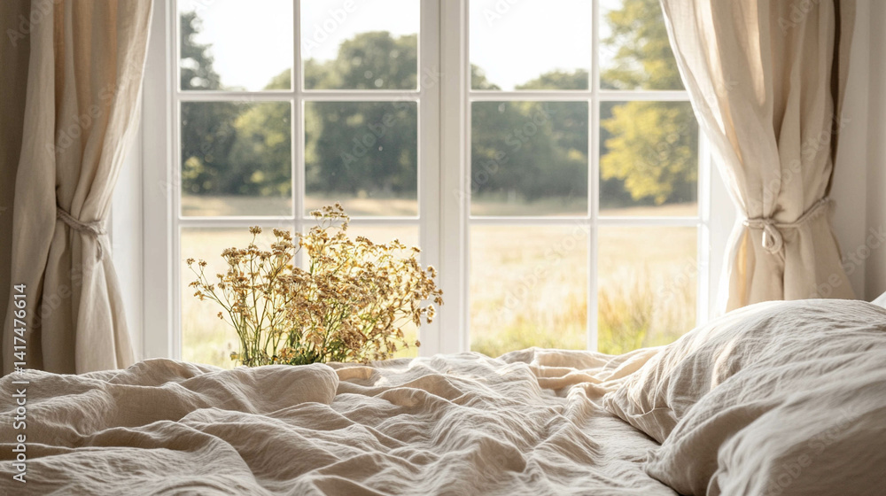 A comfortable bed with light beige linen close-up next to a bright window window with a beautiful greenery landscpape view