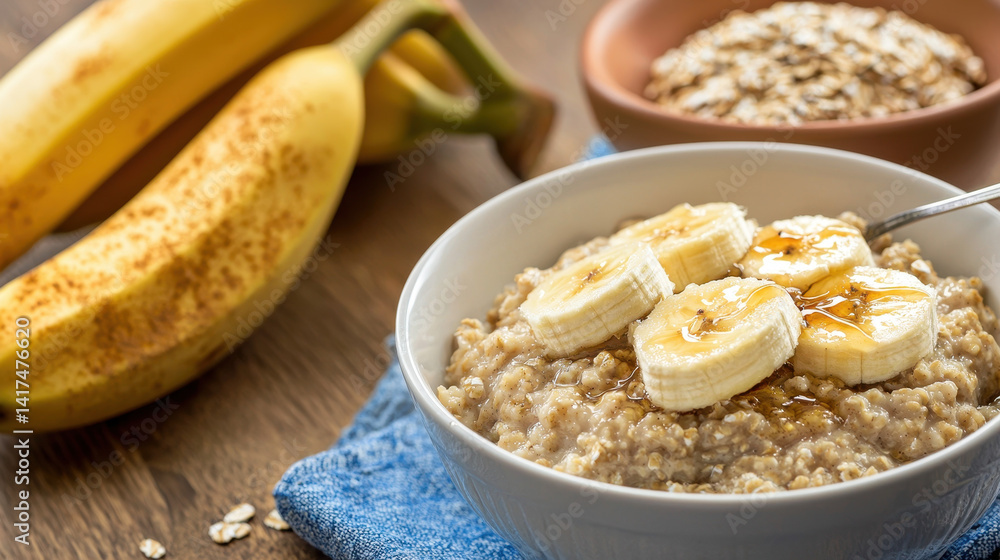 bowl of oatmeal topped with banana slices and honey sits on table with bananas and oats nearby bowl of oatmeal topped with banana slices and honey sits on table with bananas and oats nearby